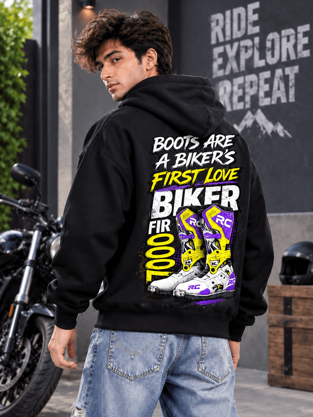 Men Black Biker Boots Hoodies The Stanch
