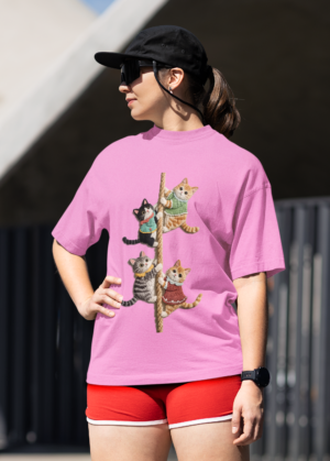 4 cat women printed T-Shirt (2) Pink Hanging Cat Women T-Shirt