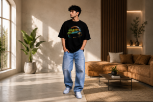 The Stanch black oversized graphic T-shirt for men with I Am Unlock the New World back print.